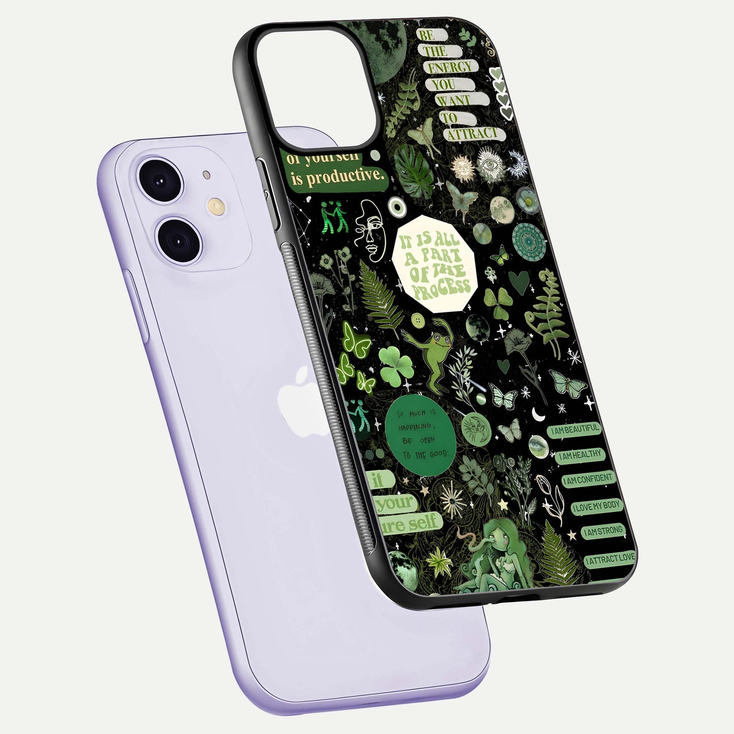 Green Moon Energy Glass Case for iPhone 11 floating dual-view mockup showing glossy texture and energy aura