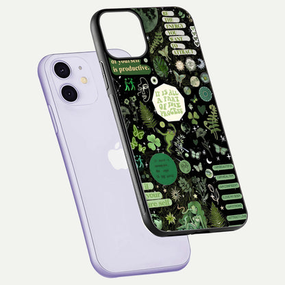 Green Moon Energy Glass Case for iPhone 11 floating dual-view mockup showing glossy texture and energy aura