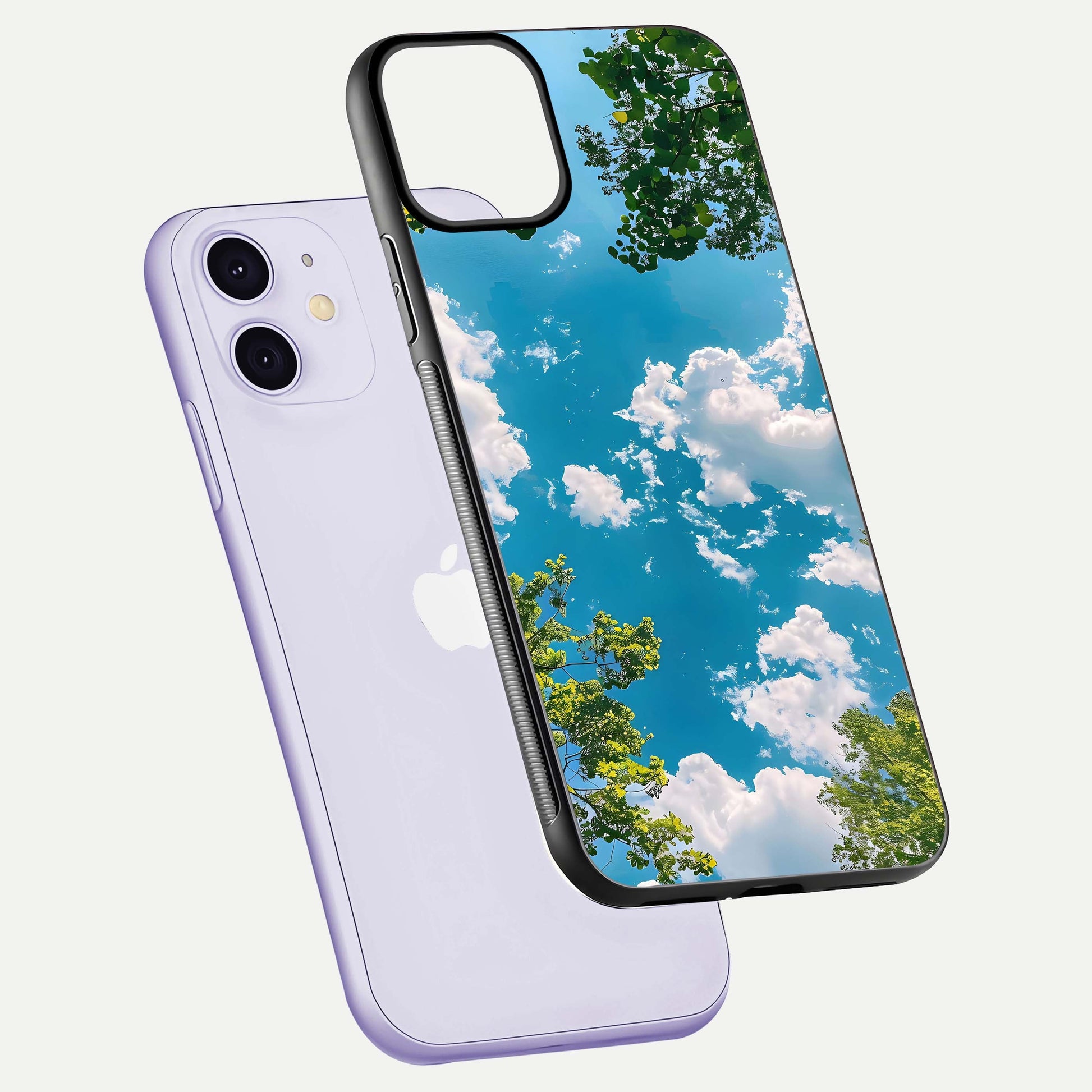 Greenery Sky Glass Case for iPhone 11 floating dual-view mockup showing glossy shine and soft natural tones