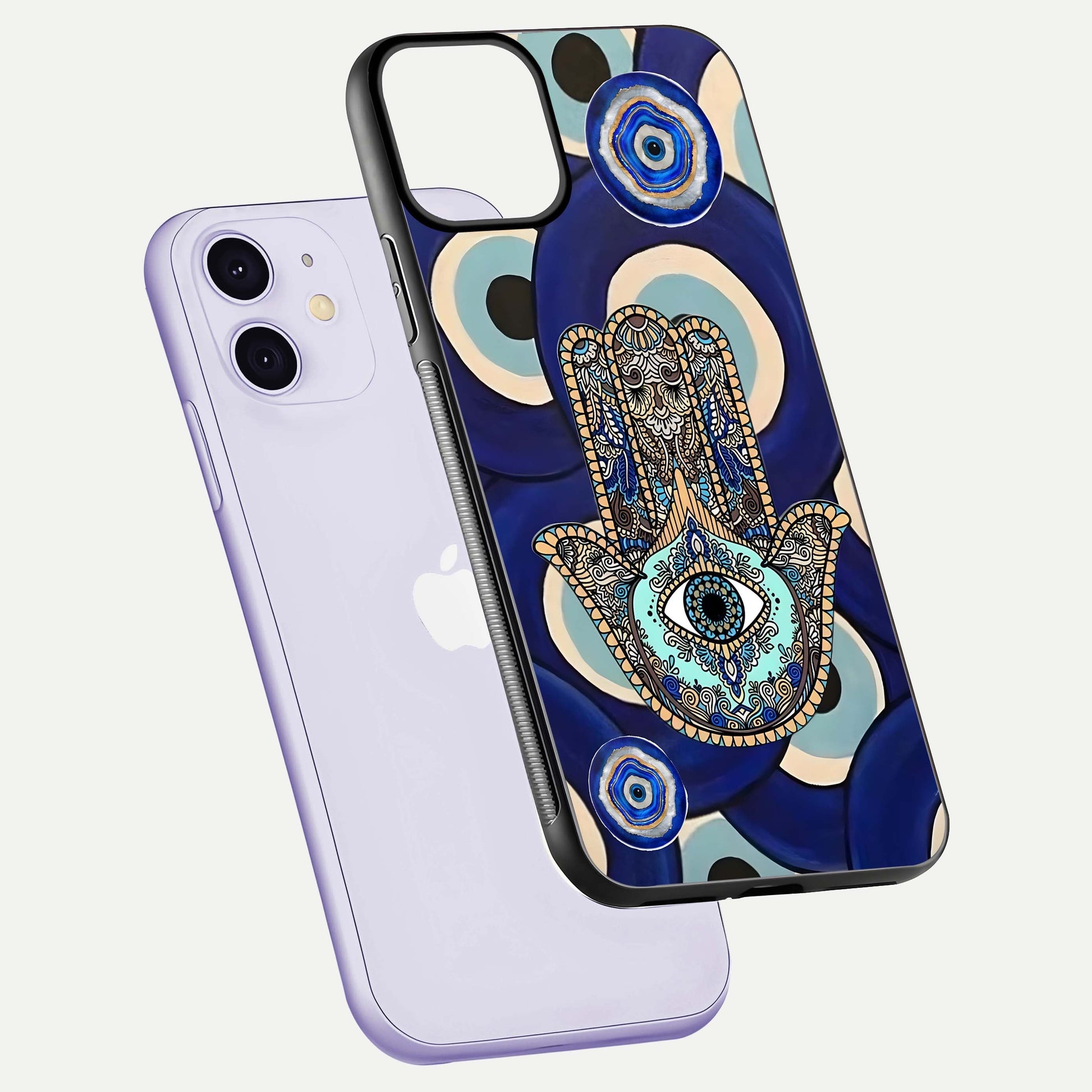 Hamsa Divine Guard Glass Case for iPhone 11 floating dual-view mockup showing gloss shine and mystical pattern