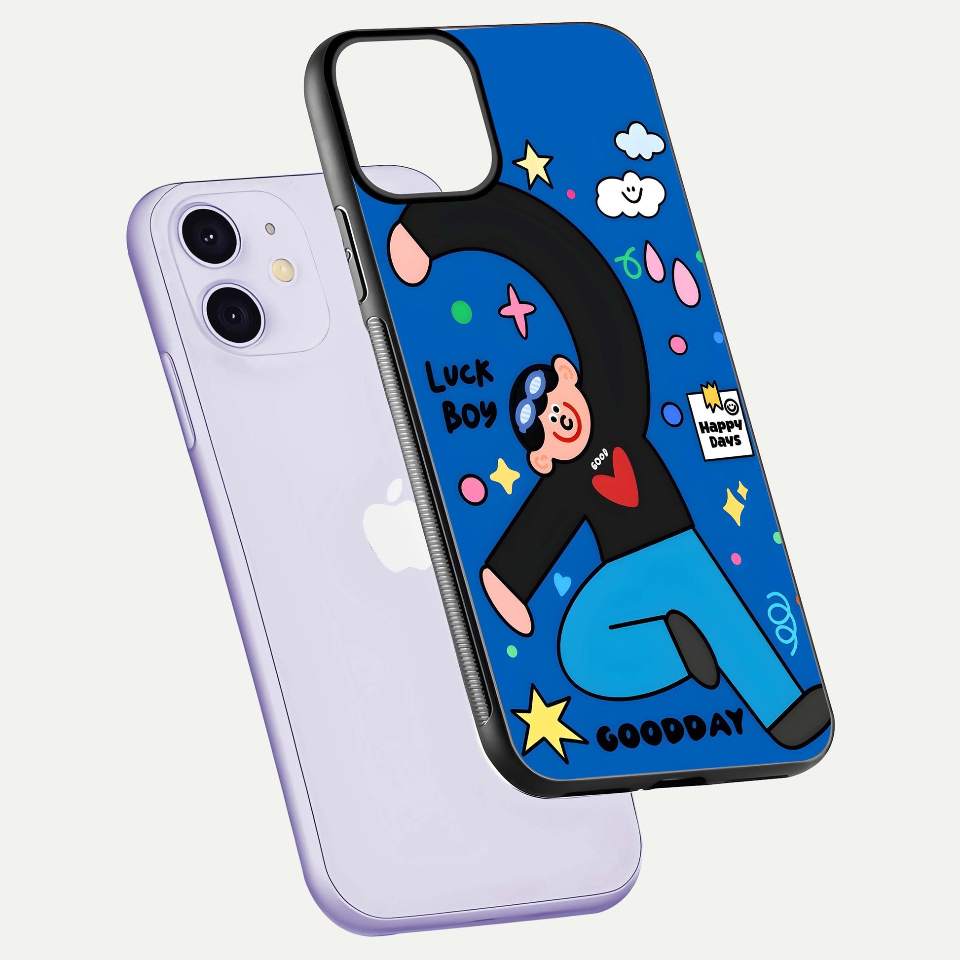 Happy Luck Vibe Glass Case for iPhone 11 floating dual-view mockup showing glossy tone and bright finish