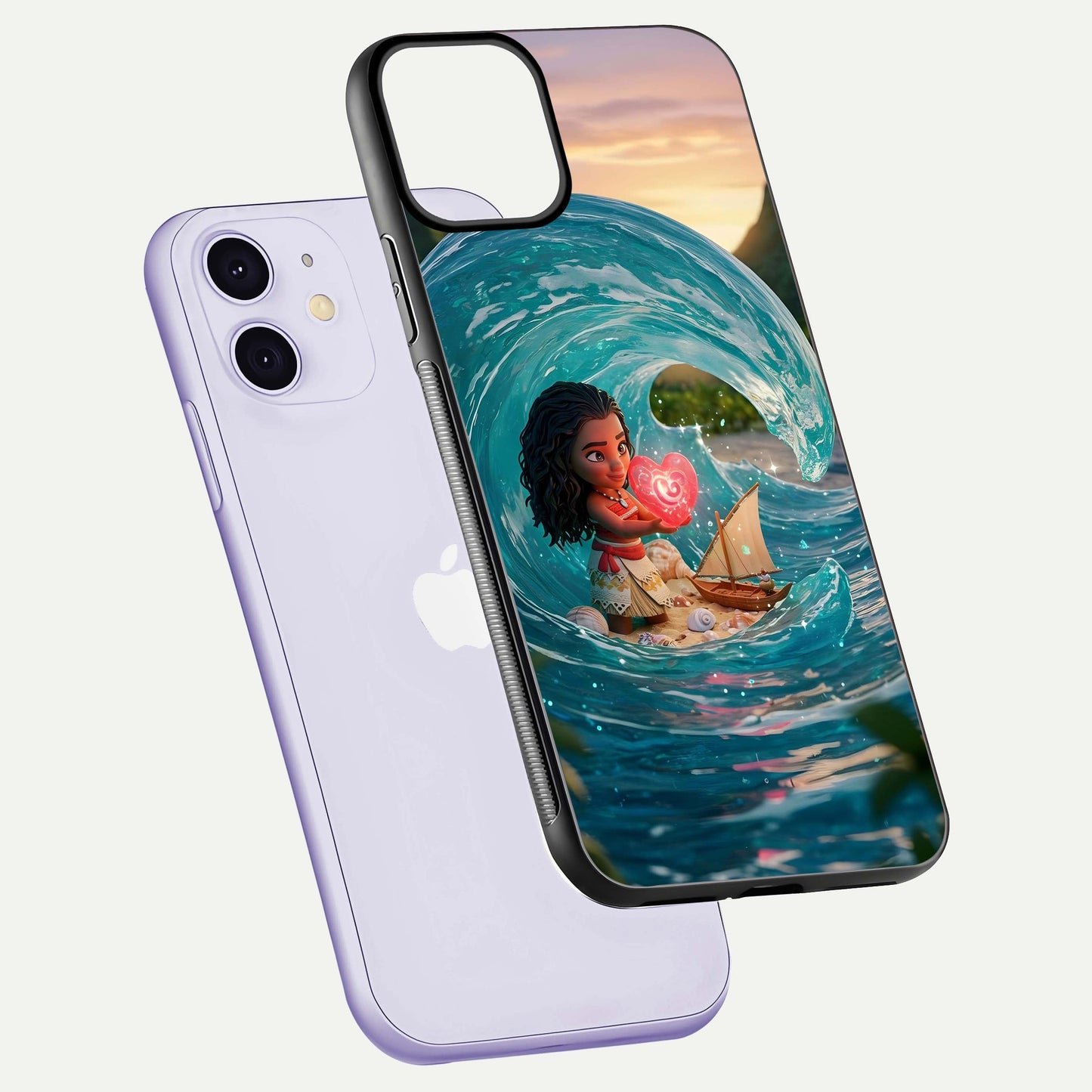 Heart of Ocean Glass Case for iPhone 11 floating dual-view mockup showing gloss surface and aquatic design