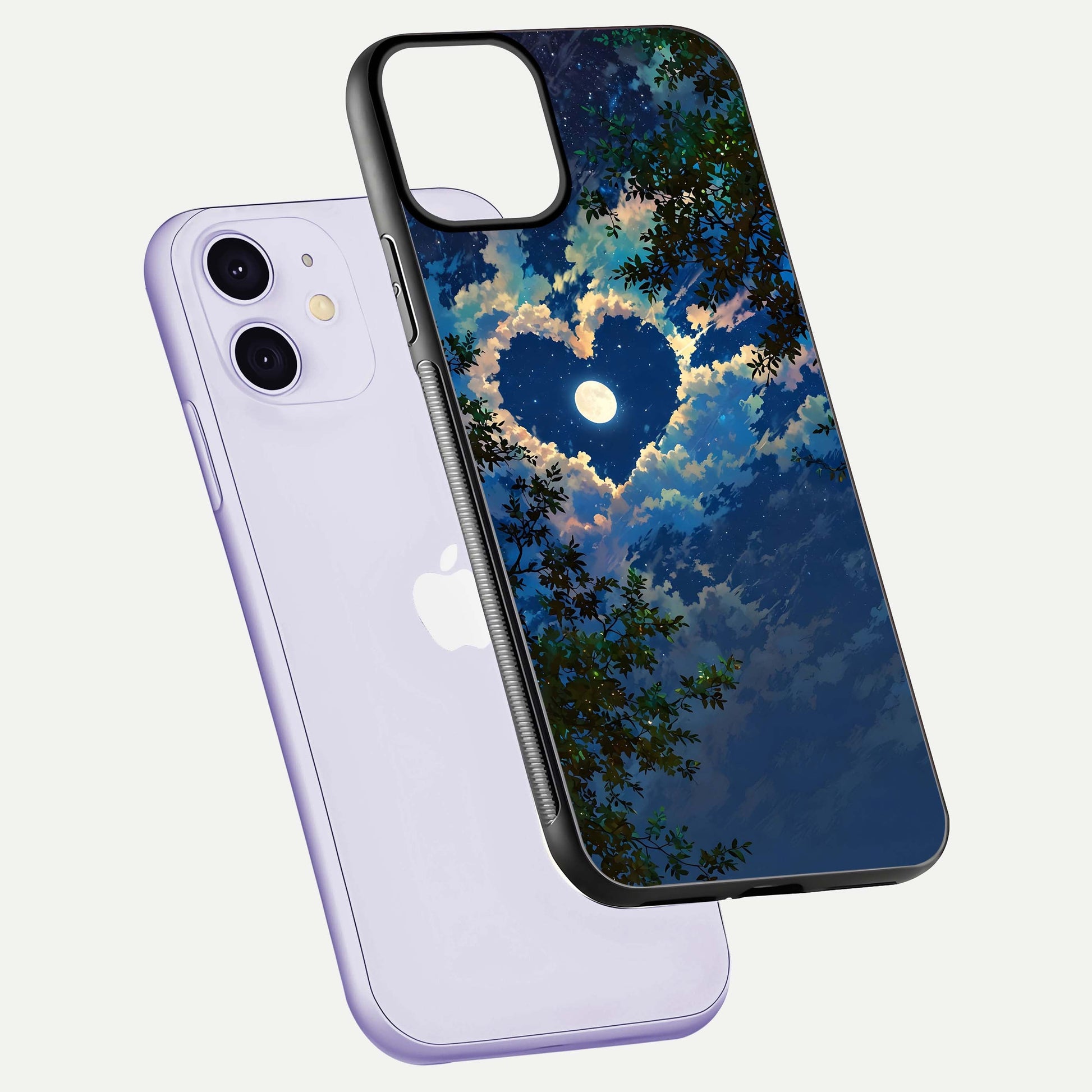 Heart with Moon Sky Glass Case for iPhone 11 floating dual-view mockup showing gloss texture and romantic sky glow