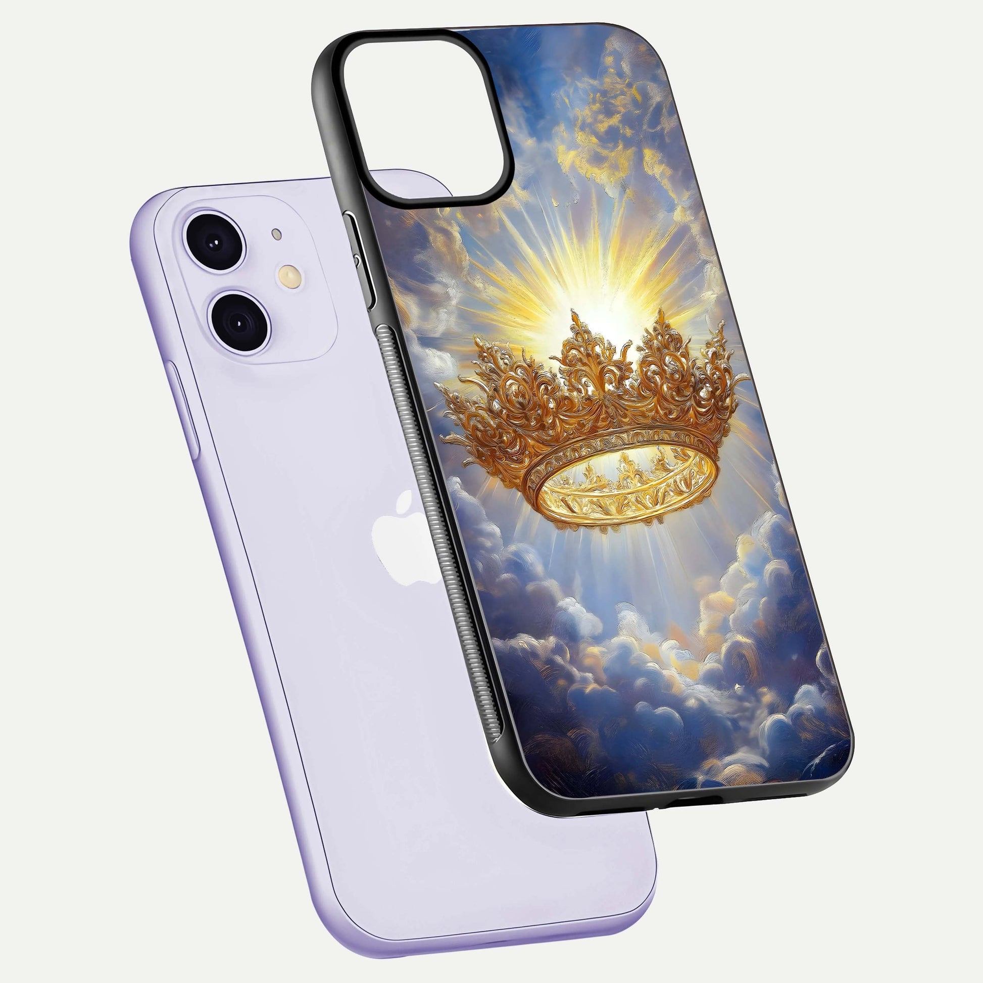 Heavenly Crown Light Glass Case for iPhone 11 floating dual-view mockup showing gloss shine and luminous crown texture