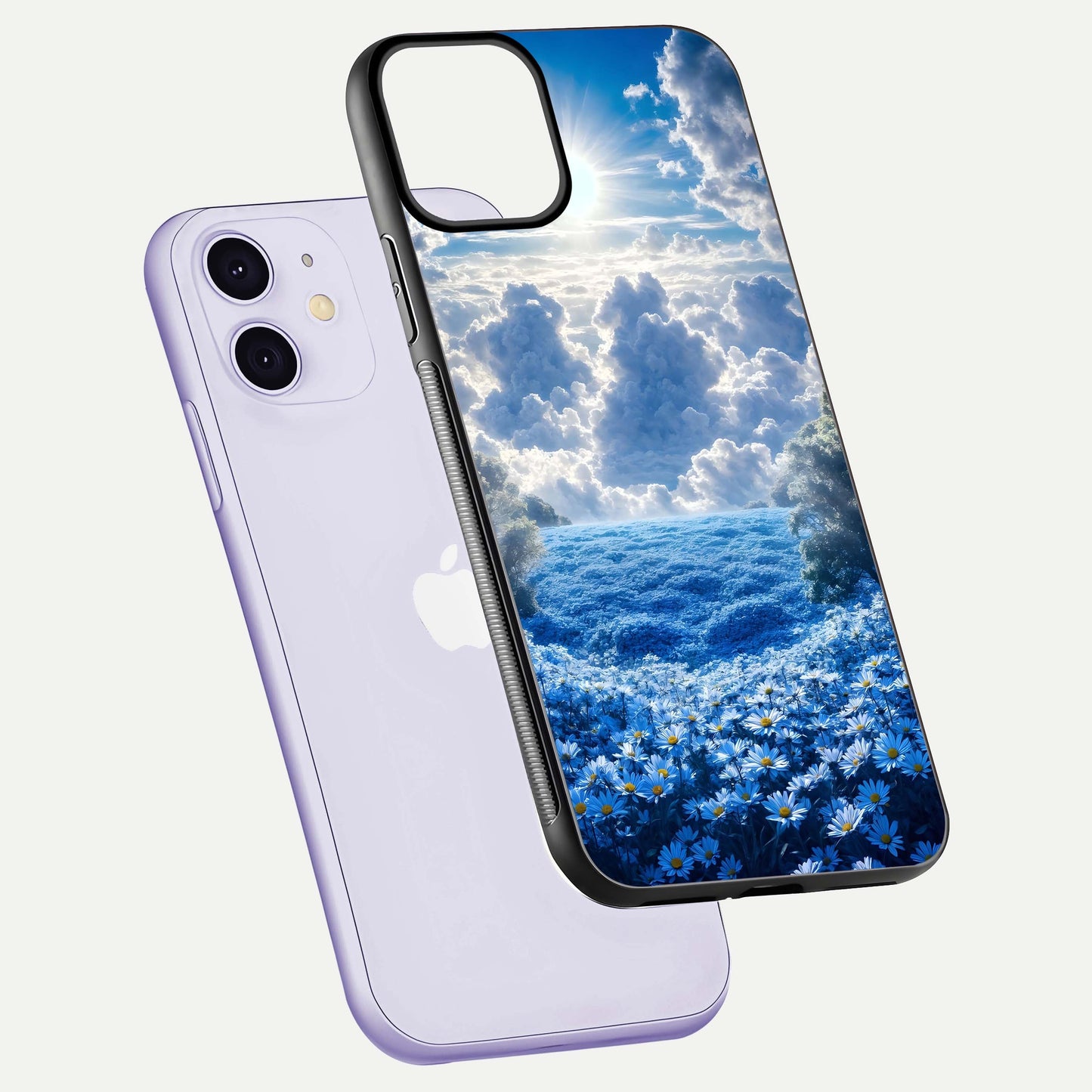 Heavenly Daisy Horizon Glass Case for iPhone 11 floating dual-view mockup showing gloss polish and soft pastel background