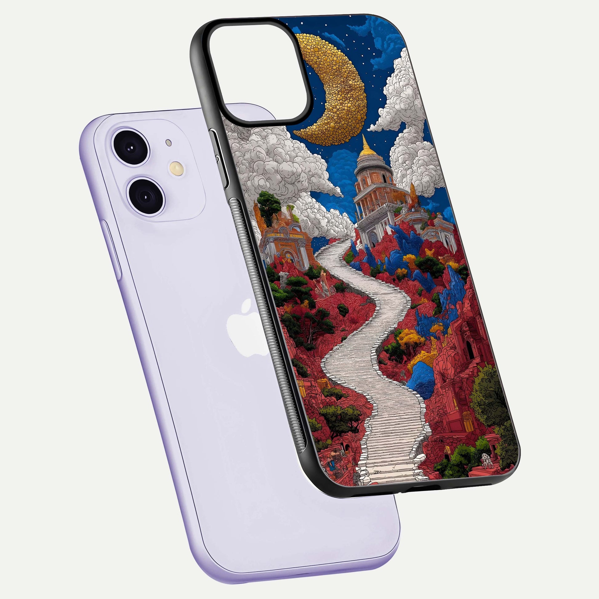Heavenly Moon Path Glass Case for iPhone 11 floating dual-view mockup showing gloss surface and celestial pathway