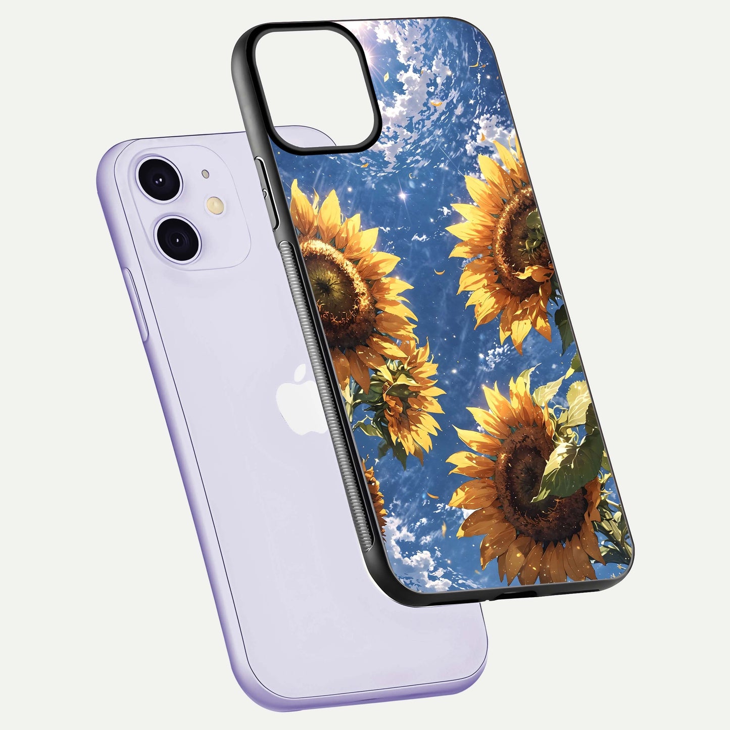 Heavenly Sunflower Rise Glass Case for iPhone 11 floating dual-view mockup showing gloss brightness and morning-light feel