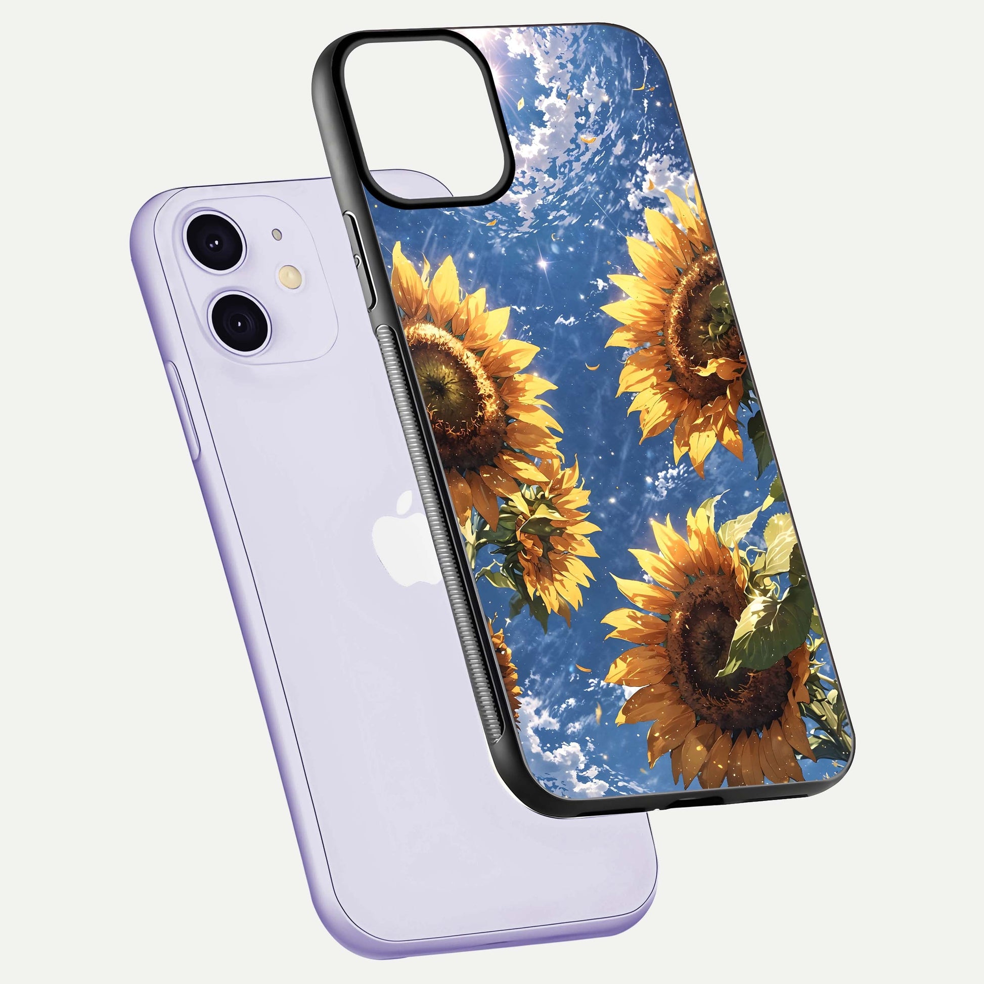 Heavenly Sunflower Rise Glass Case for iPhone 11 floating dual-view mockup showing gloss brightness and morning-light feel