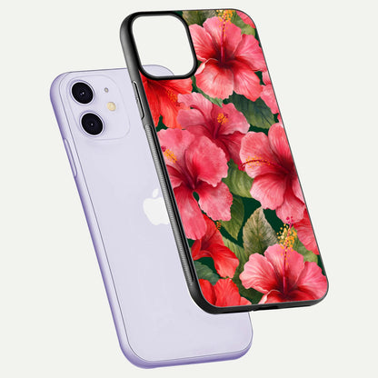 Hibiscus Pattern Glass Case for iPhone 11 floating dual-view mockup showing glossy texture and vivid color depth