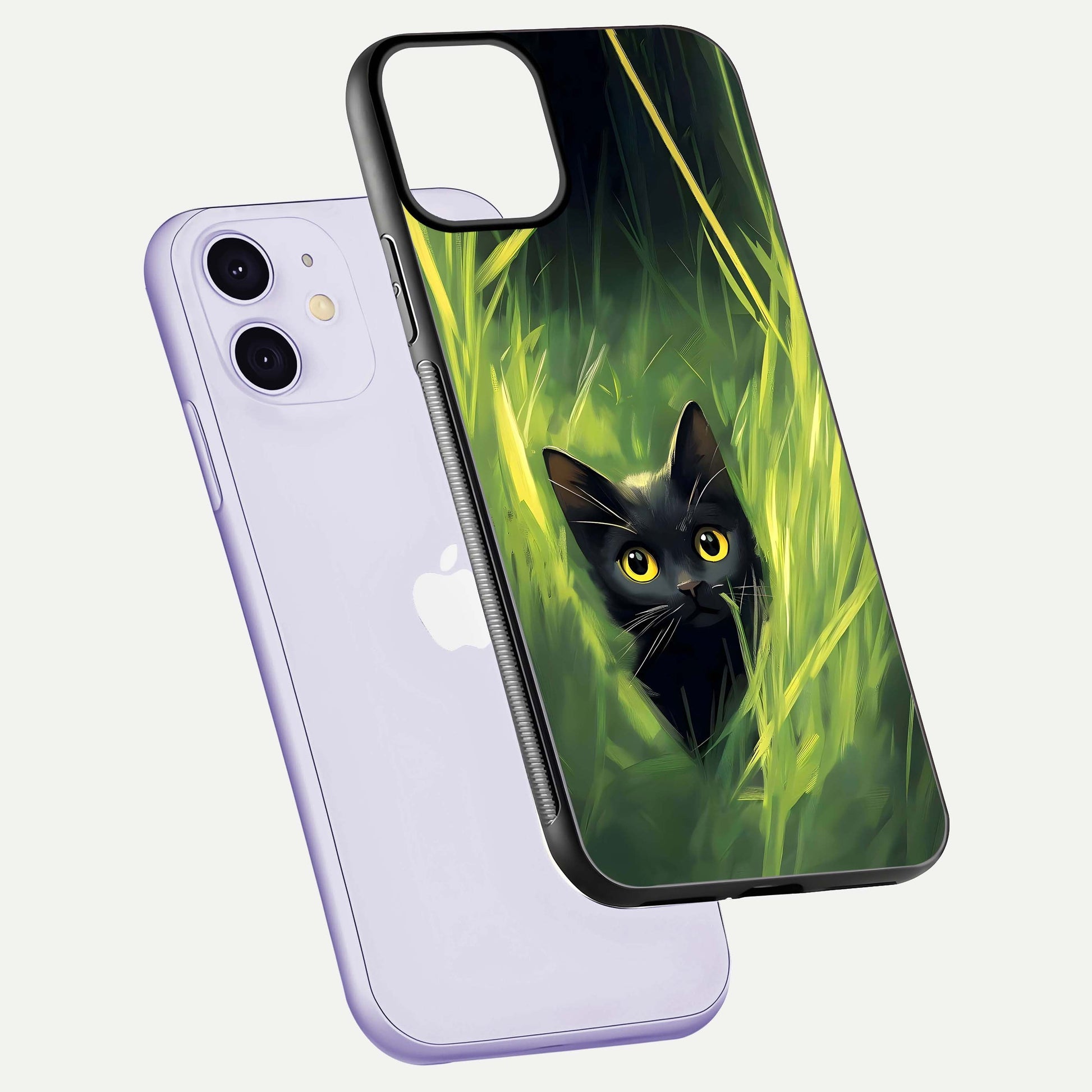 Hidden Cat Whisper Glass Case for iPhone 11 floating dual-view mockup showing glossy tone and elegant cat silhouette