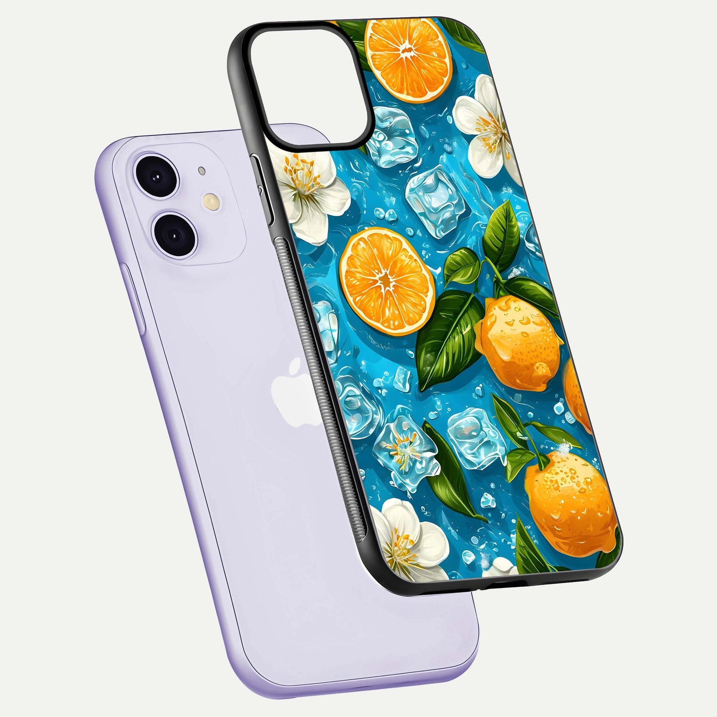 Ice Cube With Orange Glass Case for iPhone 11 floating dual-view mockup showing glossy shine and cool refreshing tone