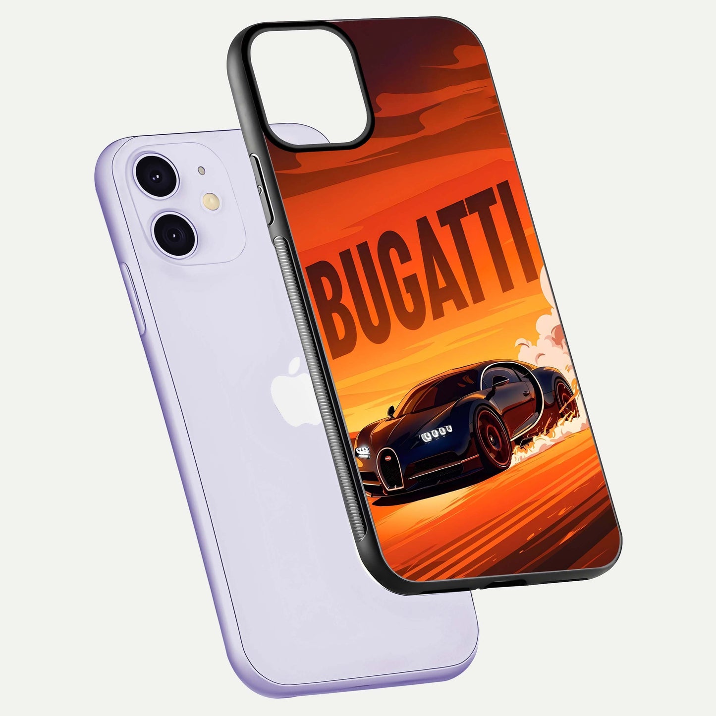 Inferno Bugatti Storm Glass Case for iPhone 11 floating dual-view mockup showing gloss surface and racing energy