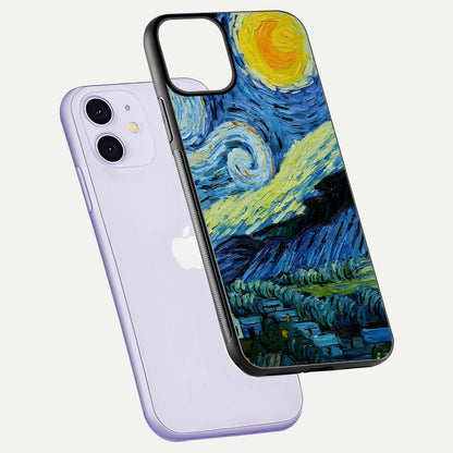 Inspired Van Gogh Art Glass Case for iPhone 11 floating dual-view mockup showing gloss depth and artistic reflection