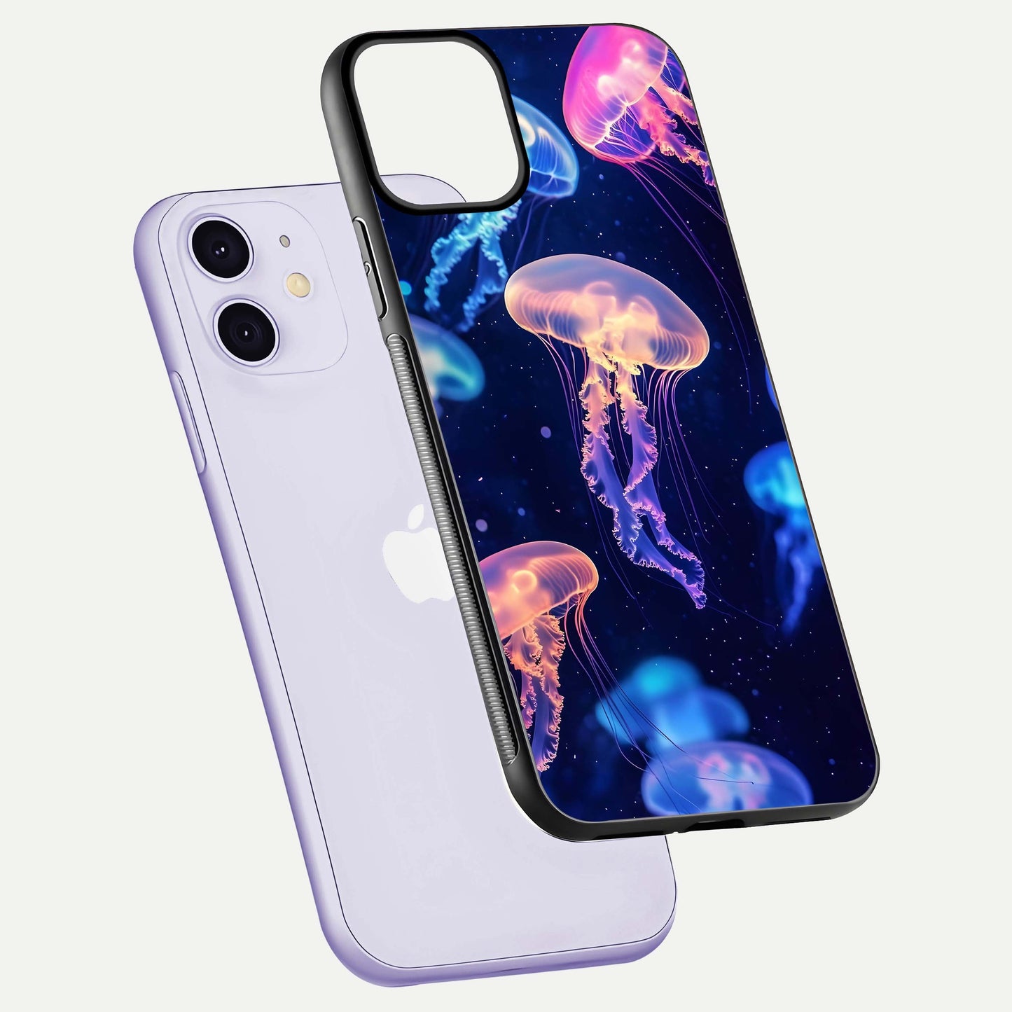 Jellyfish Pattern Glass Case for iPhone 11 floating dual-view mockup showing gloss texture and oceanic depth