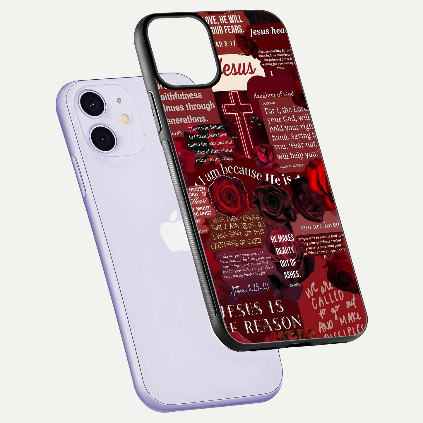 Jesus Love Heals Glass Case for iPhone 11 floating dual-view mockup showing glossy shine and faith-inspired art