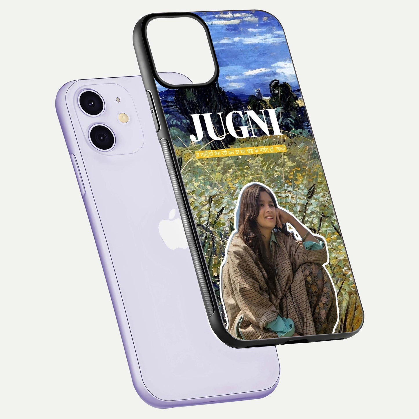 Jugni Soul Vibes Glass Case for iPhone 11 floating dual-view mockup showing gloss surface and vivid design style