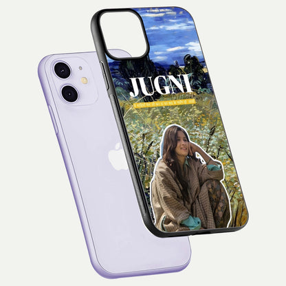 Jugni Soul Vibes Glass Case for iPhone 11 floating dual-view mockup showing gloss surface and vivid design style