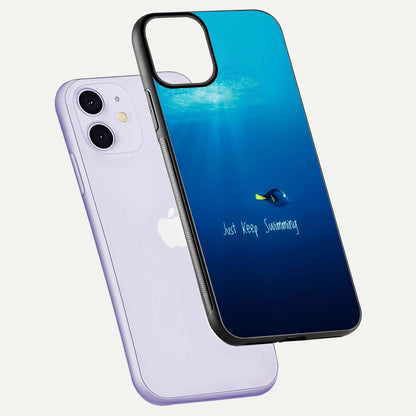 Just Keep Swimming Glass Case for iPhone 11 floating dual-view mockup showing gloss brightness and wave motif