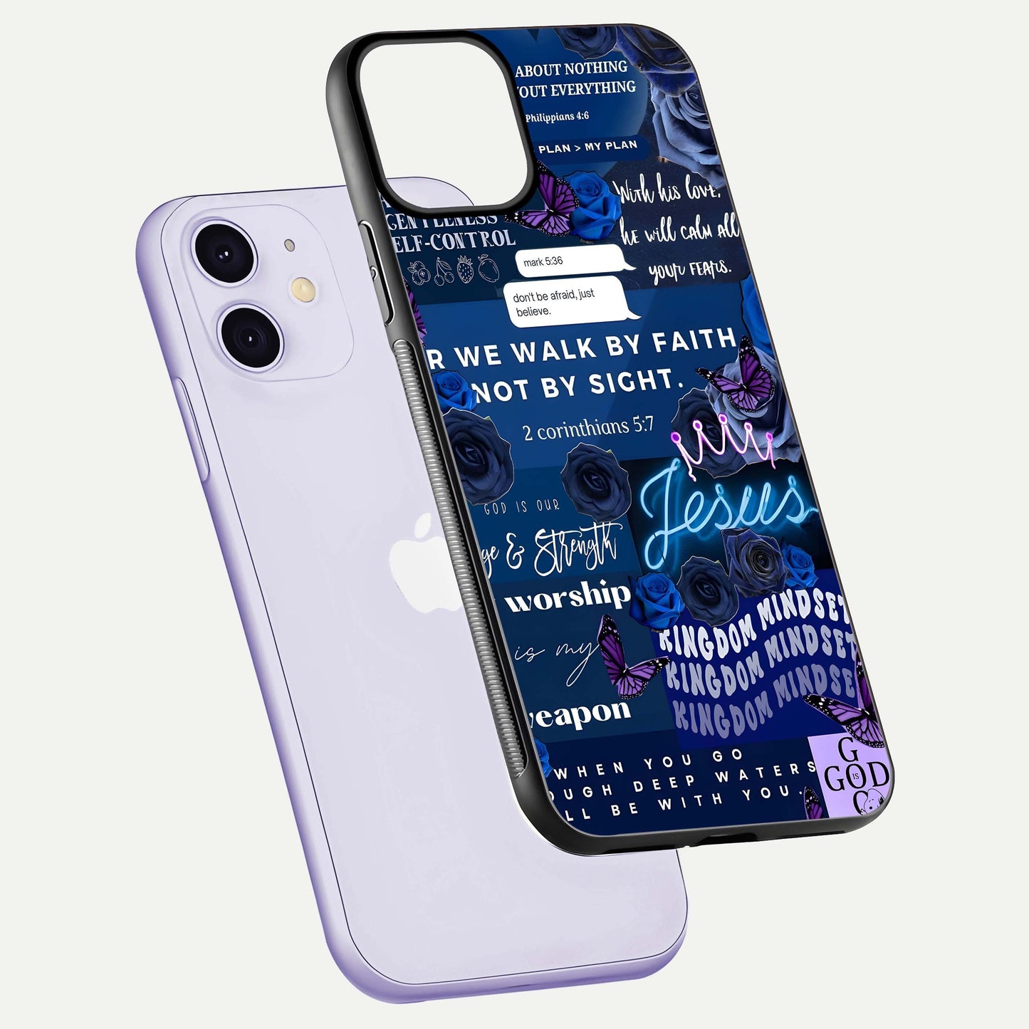 Kingdom Faith Glow Glass Case for iPhone 11 floating dual-view mockup showing premium gloss and golden aura
