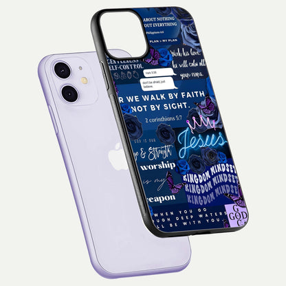 Kingdom Faith Glow Glass Case for iPhone 11 floating dual-view mockup showing premium gloss and golden aura