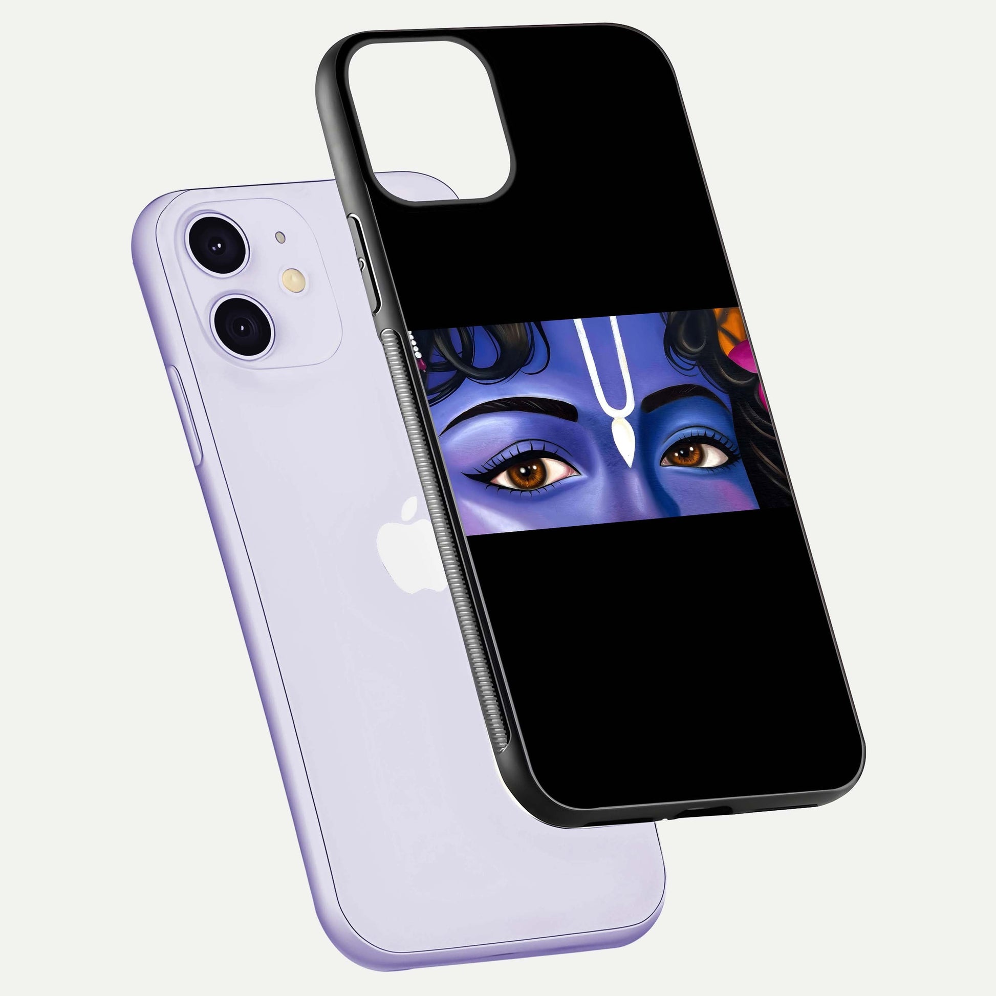 Krishna Eye Glass Case for iPhone 11 floating dual-view mockup showing gloss surface and divine art depth