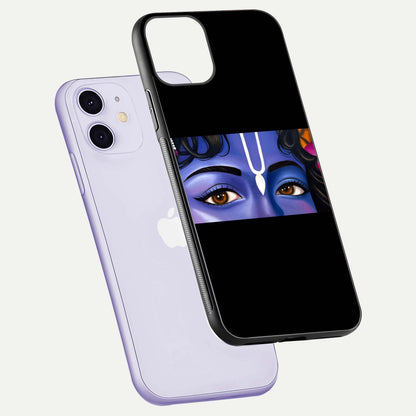 Krishna Eye Glass Case for iPhone 11 floating dual-view mockup showing gloss surface and divine art depth