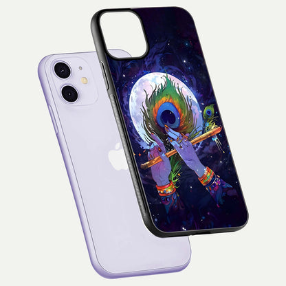 Krishna Hands Art Glass Case for iPhone 11 floating dual-view mockup showing premium gloss reflection