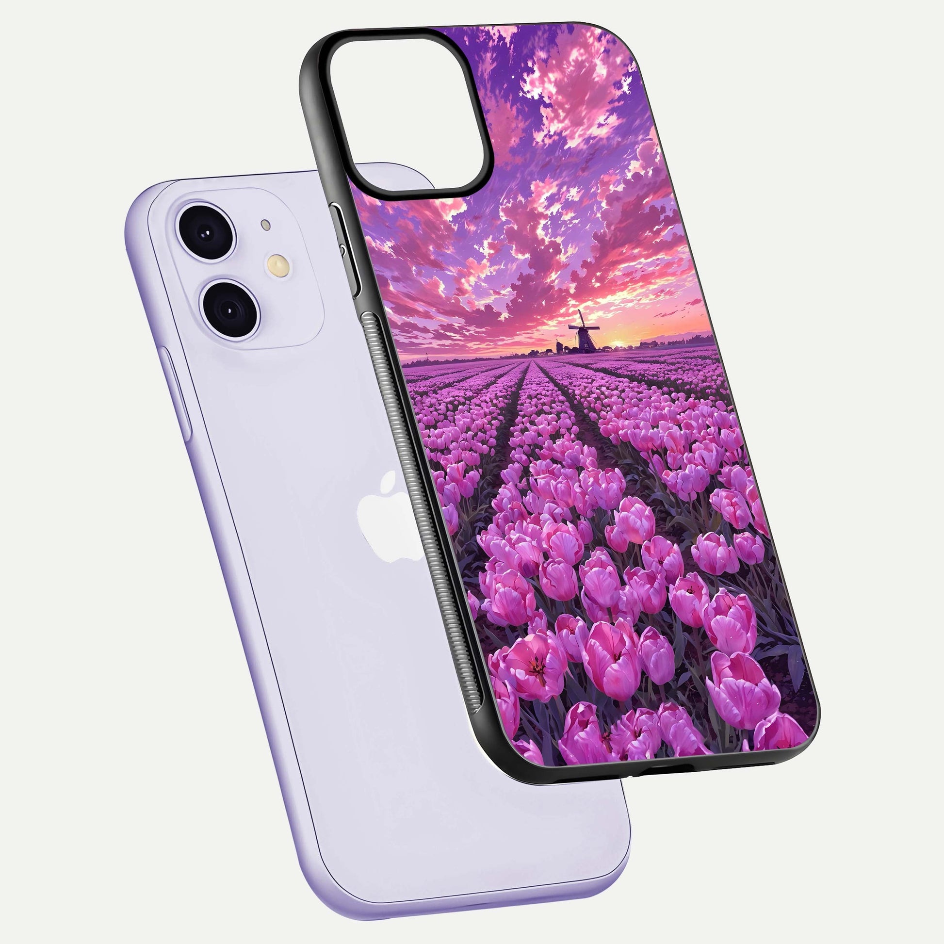 Lavender Dream Skies Glass Case for iPhone 11 floating dual-view mockup showing gloss polish and pastel design