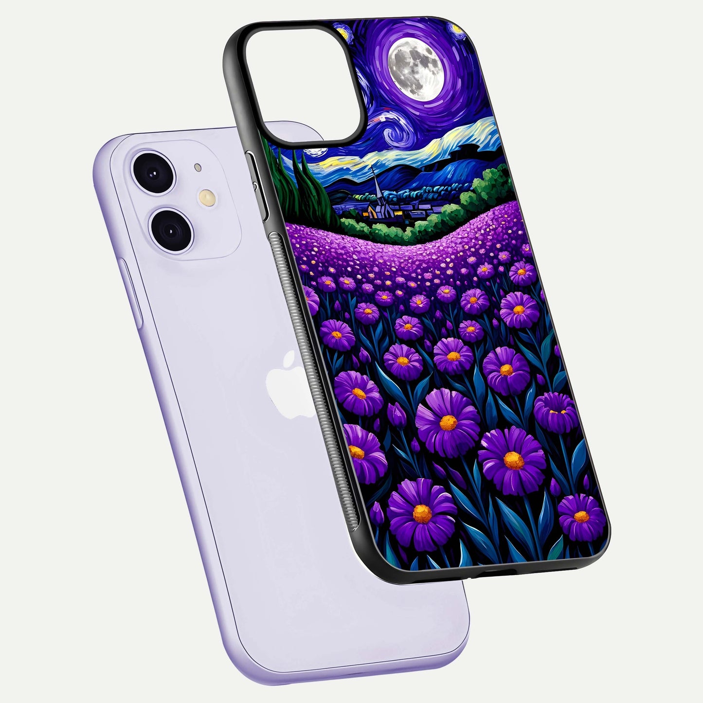 Lavender Moon Field Glass Case for iPhone 11 floating dual-view mockup showing gloss surface and floral glow