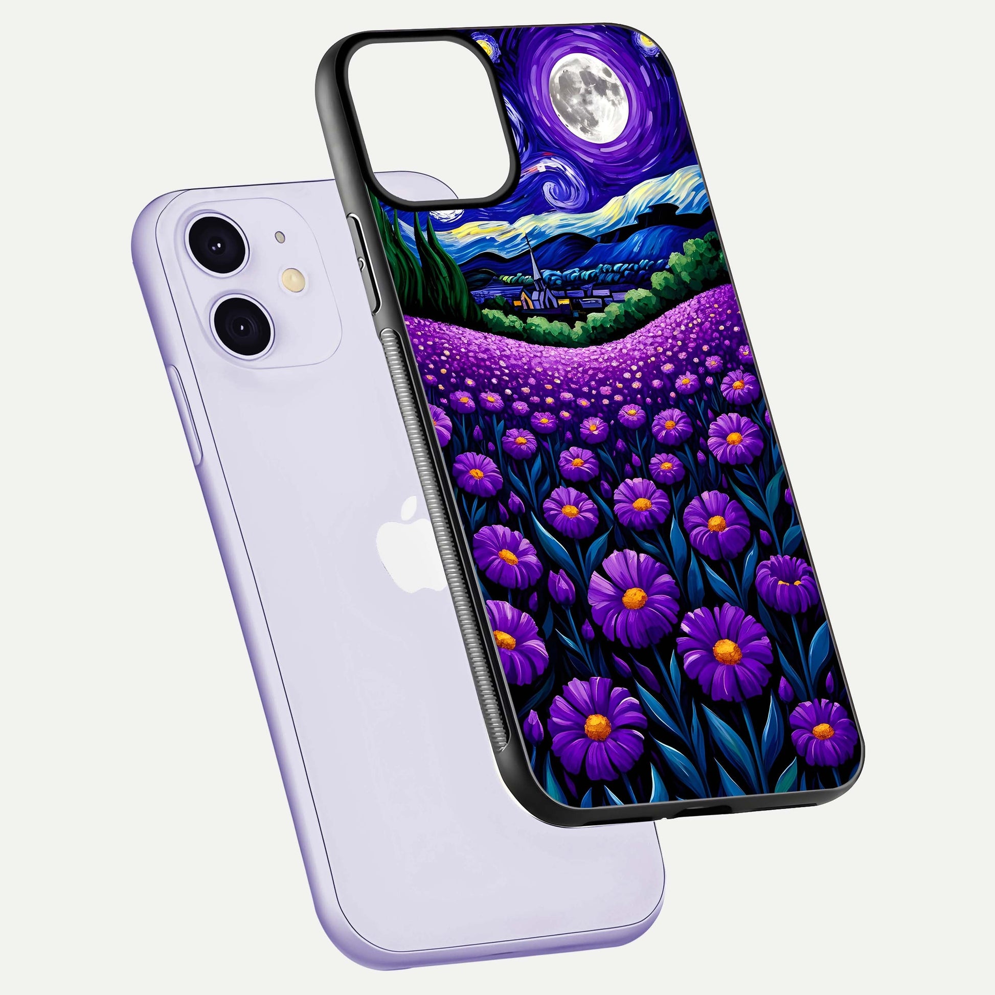 Lavender Moon Field Glass Case for iPhone 11 floating dual-view mockup showing gloss surface and floral glow