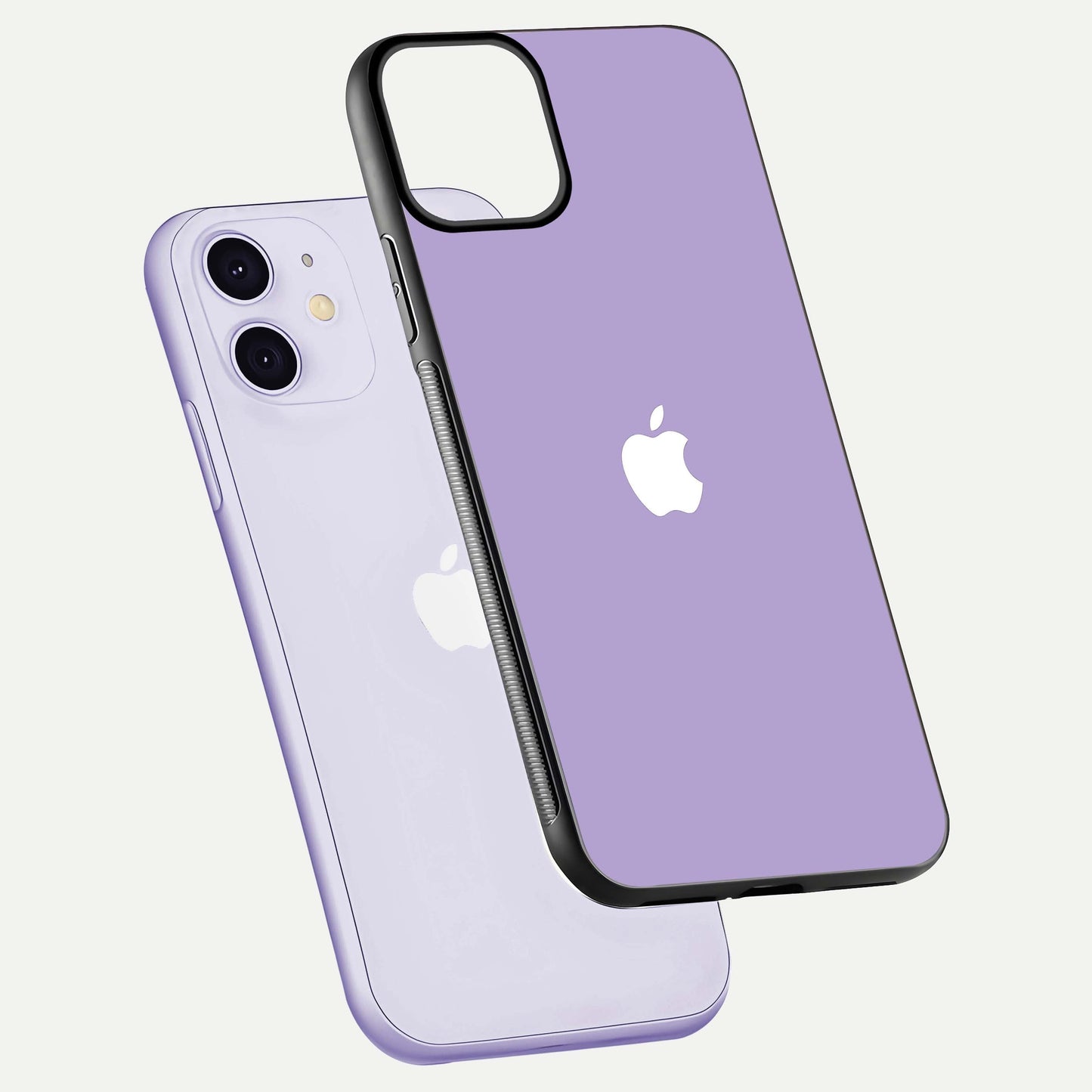 Lavender Soft Minimal Glass Case for iPhone 11 floating dual-view mockup showing gloss reflection and pastel tone