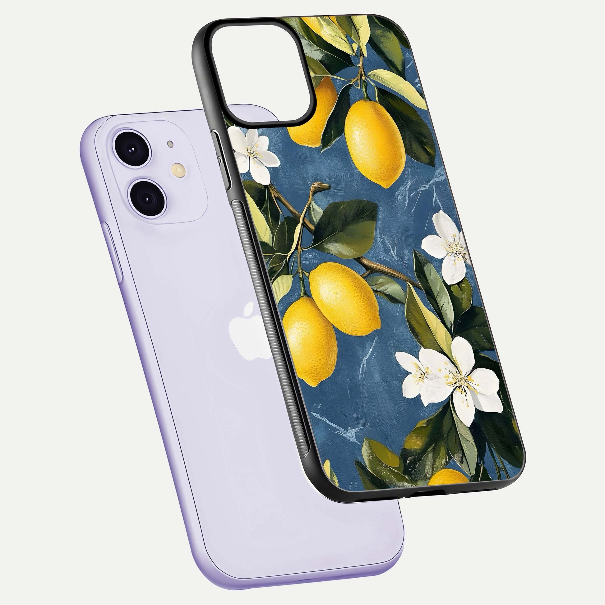 Lemon Dream Garden Glass Case for iPhone 11 floating dual-view mockup showing gloss brightness and vivid yellow print