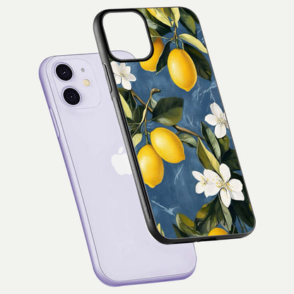Lemon Dream Garden Glass Case for iPhone 11 floating dual-view mockup showing gloss brightness and vivid yellow print