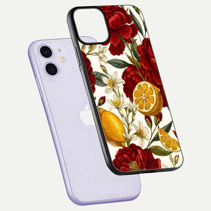 Lemon Rose Charm Glass Case for iPhone 11 floating dual-view mockup showing gloss polish and floral gradient