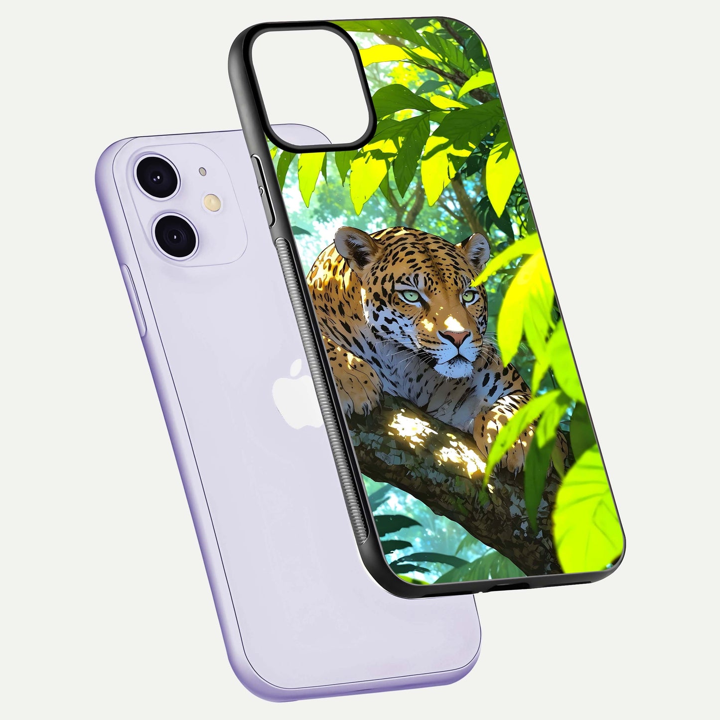Leopard in Jungle Glass Case for iPhone 11 floating dual-view mockup showing gloss finish and HD wild pattern