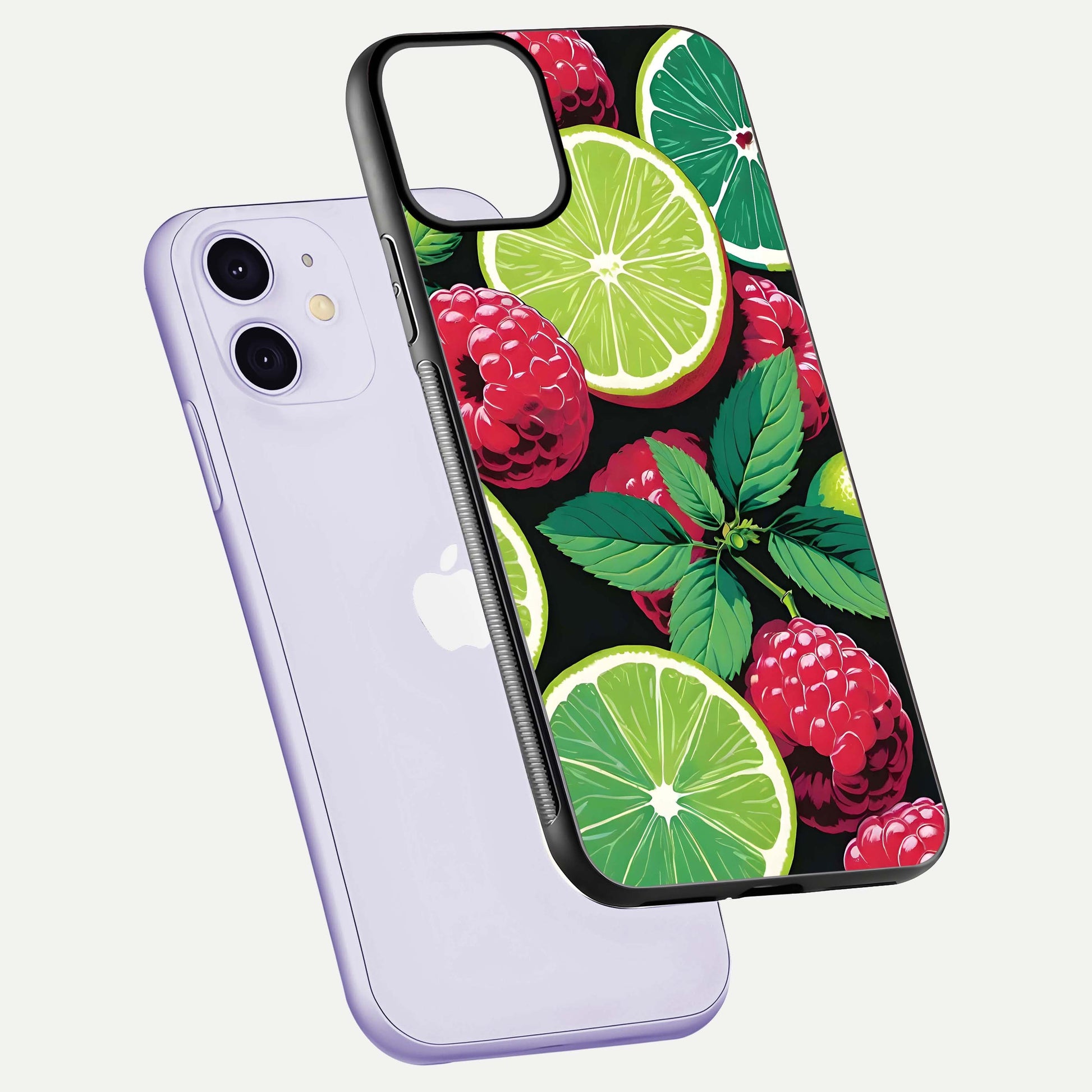Lime and Raspberry Pattern Glass Case for iPhone 11 floating dual-view showing HD gloss and vivid print
