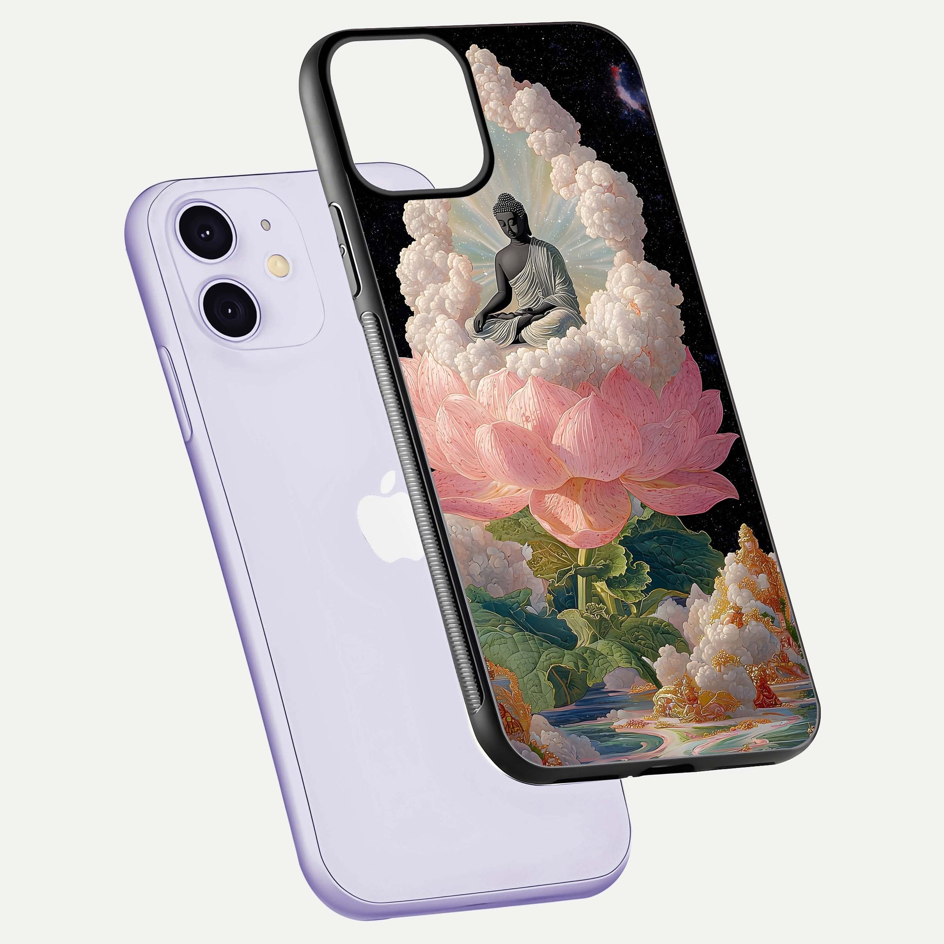 Lotus Divine Peace Glass Case for iPhone 11 floating dual-view mockup with glass glow and spiritual calm art