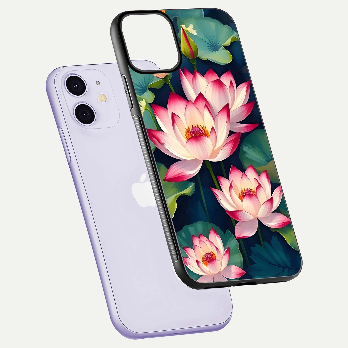 Lotus Dream Serenity Glass Case for iPhone 11 floating dual-view mockup highlighting HD gloss glow
