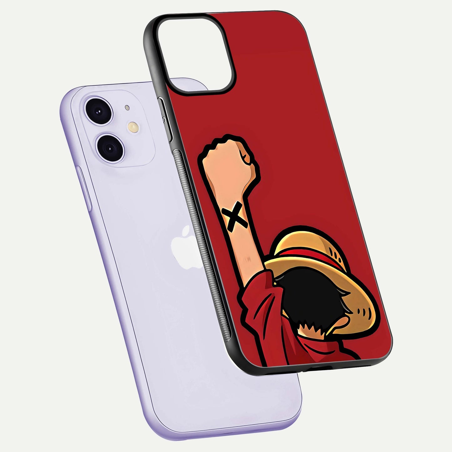 Luffy X Spirit Glass Case for iPhone 11 floating dual-view mockup showing gloss polish and vibrant color depth