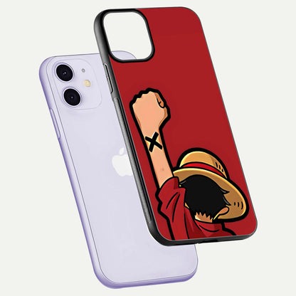 Luffy X Spirit Glass Case for iPhone 11 floating dual-view mockup showing gloss polish and vibrant color depth
