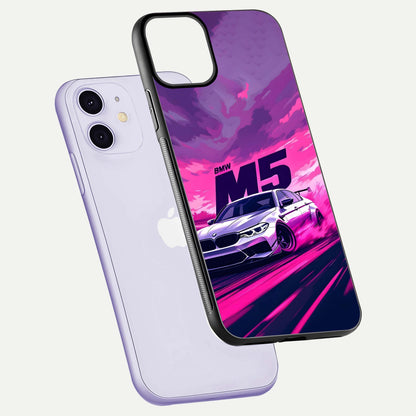 MS Neon Car Glass Case for iPhone 11 floating dual-view mockup showing HD gloss and electric color tones