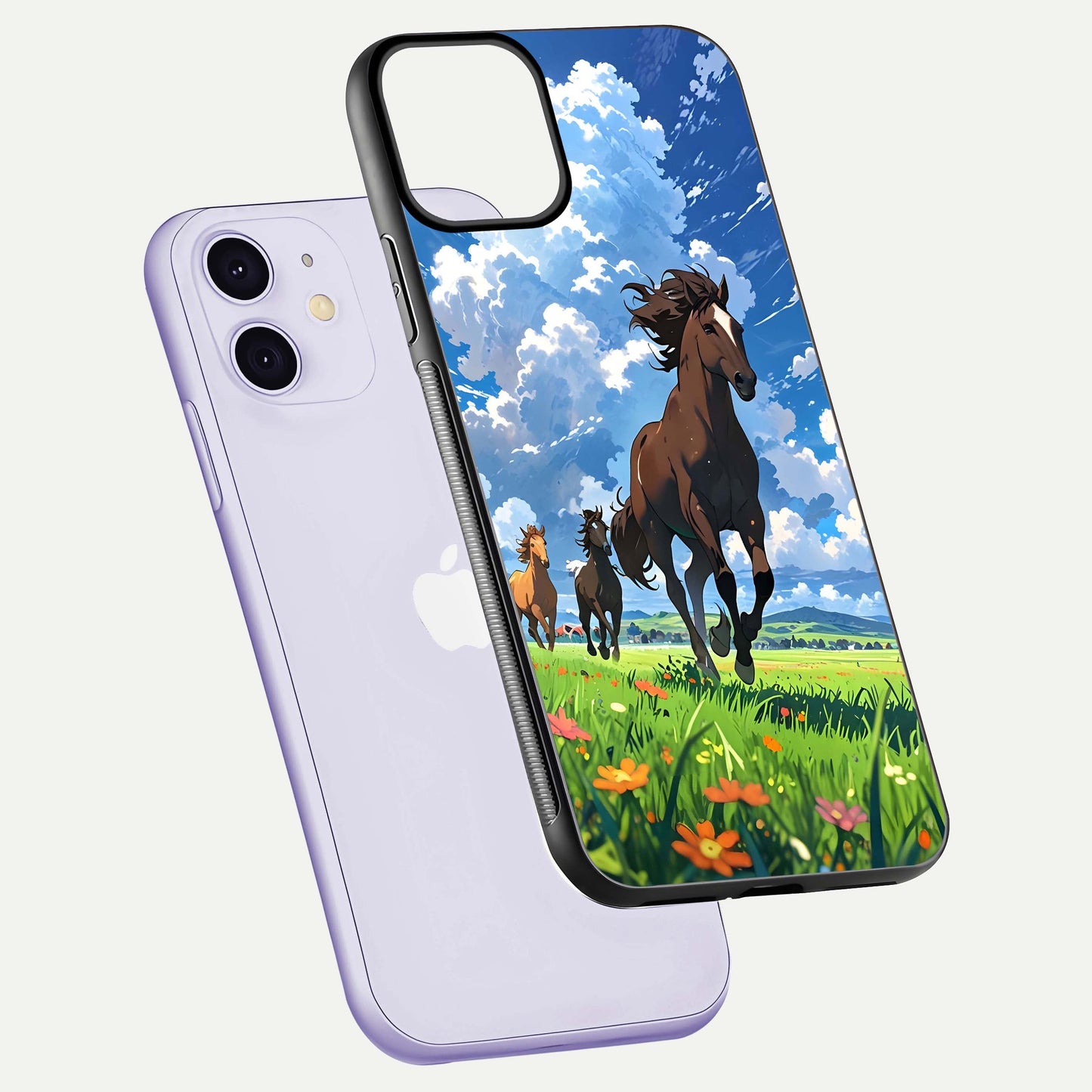 Majestic Horses Galloping Glass Case for iPhone 11 floating dual-view mockup showing gloss texture and vivid tones