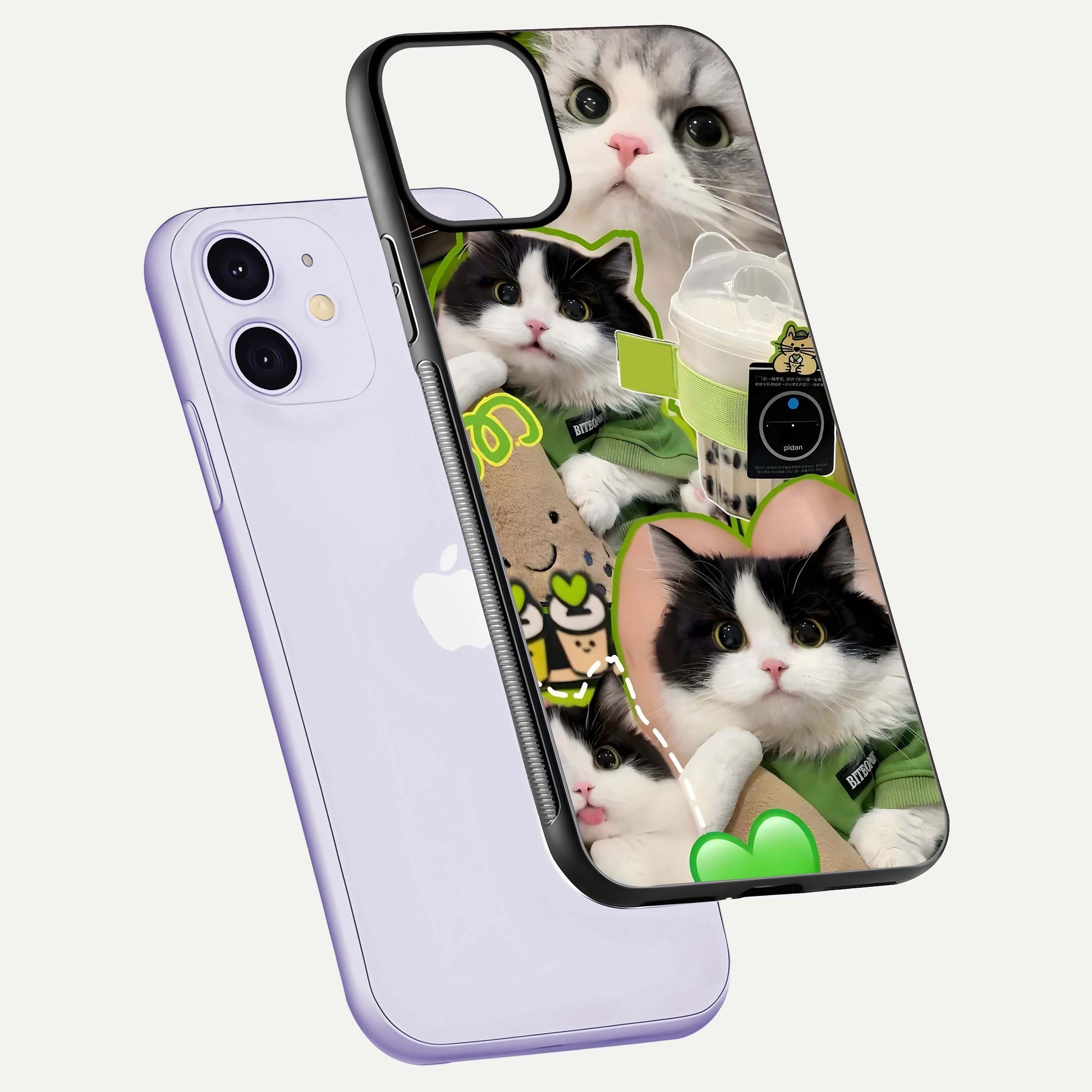 Matcha Cats Mood Glass Case for iPhone 11 floating dual-view mockup showing HD gloss surface and soft tones