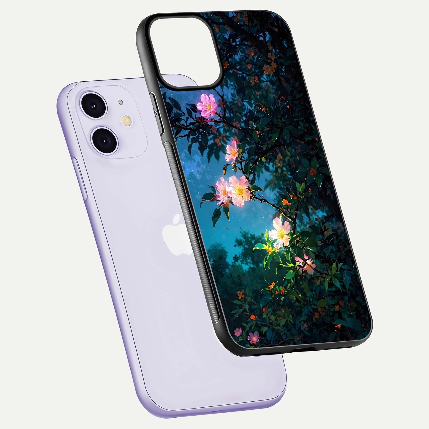 Midnight Bloom Glow Glass Case for iPhone 11 floating dual-view mockup showing HD gloss and floral contrast