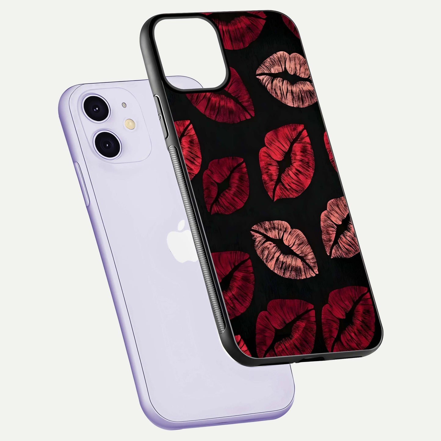 Midnight Kiss Love Glass Case for iPhone 11 floating dual-view mockup showing HD gloss and elegant edge design
