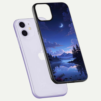 Midnight Lake Peace Glass Case for iPhone 11 floating dual-view mockup showing gloss finish and peaceful art
