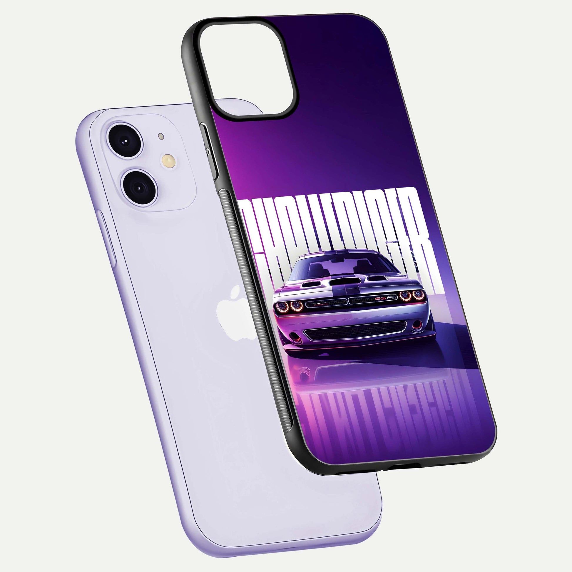 Midnight Muscle Ride Glass Case for iPhone 11 floating dual-view mockup showing glossy finish and shine depth
