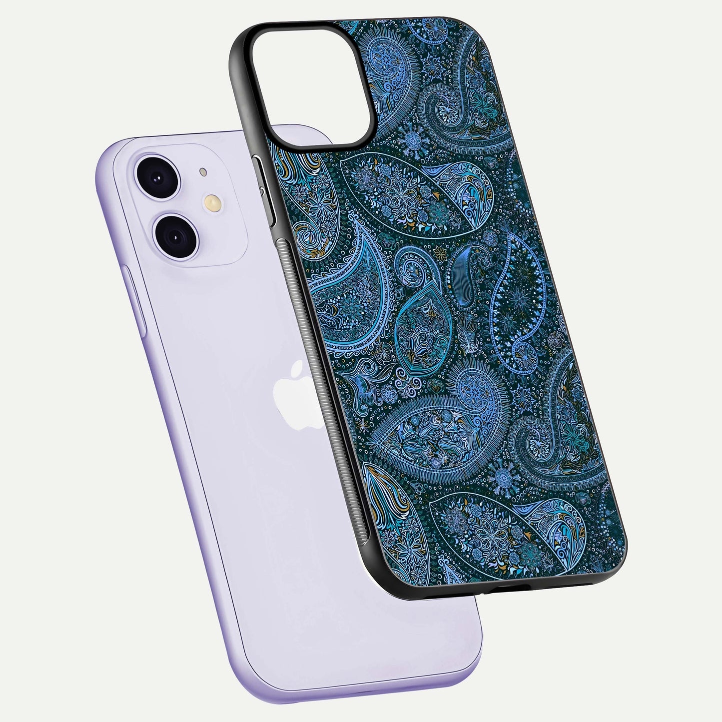 Midnight Paisley Glow Glass Case for iPhone 11 floating dual-view mockup showing HD gloss and rich pattern