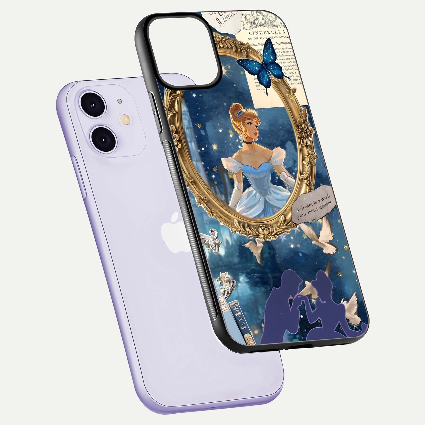 Midnight Queen Glass Case for iPhone 11 floating dual-view mockup showing HD glass shine and luxury art