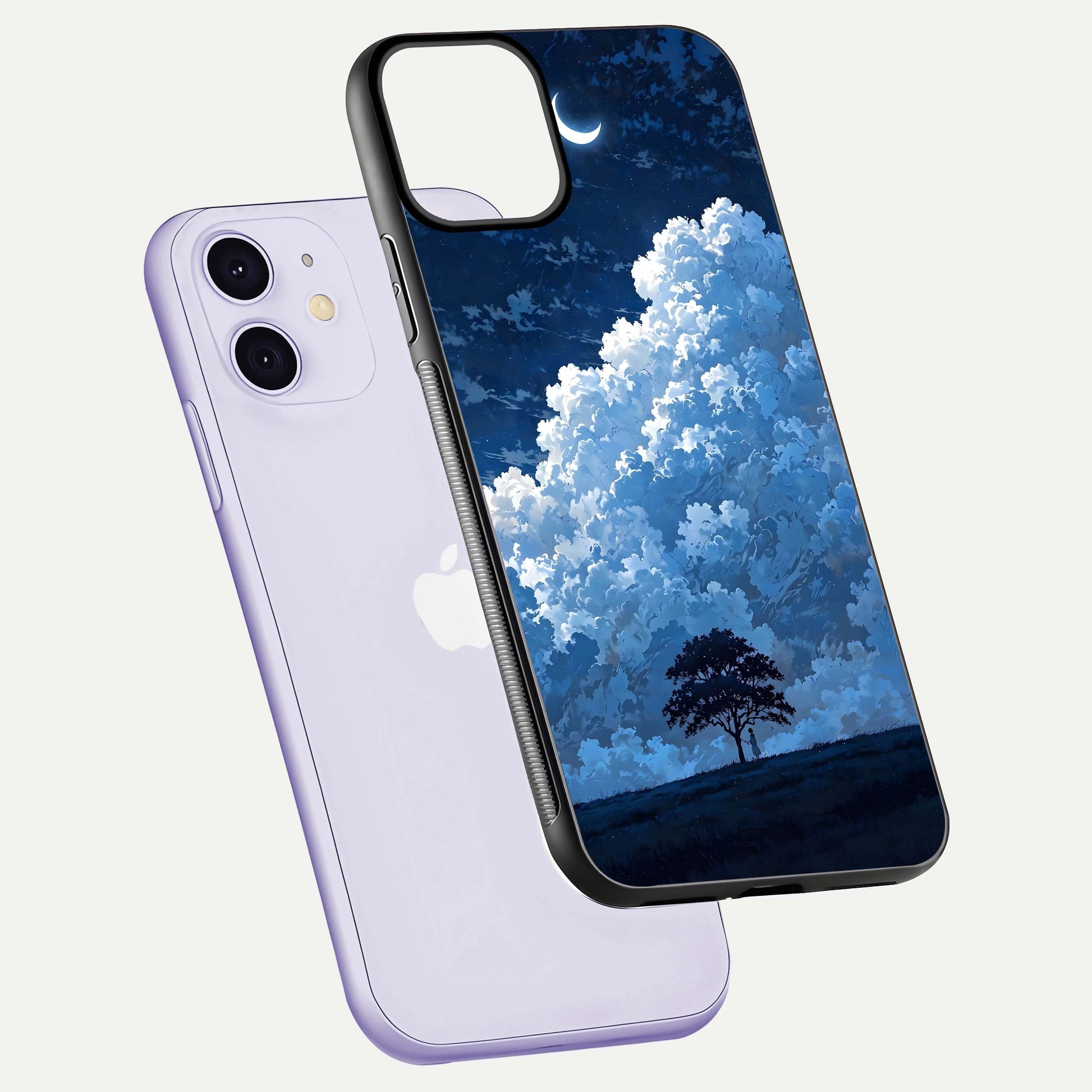 Midnight Sky Serenity Glass Case for iPhone 11 floating dual-view mockup showing HD gloss and night shine